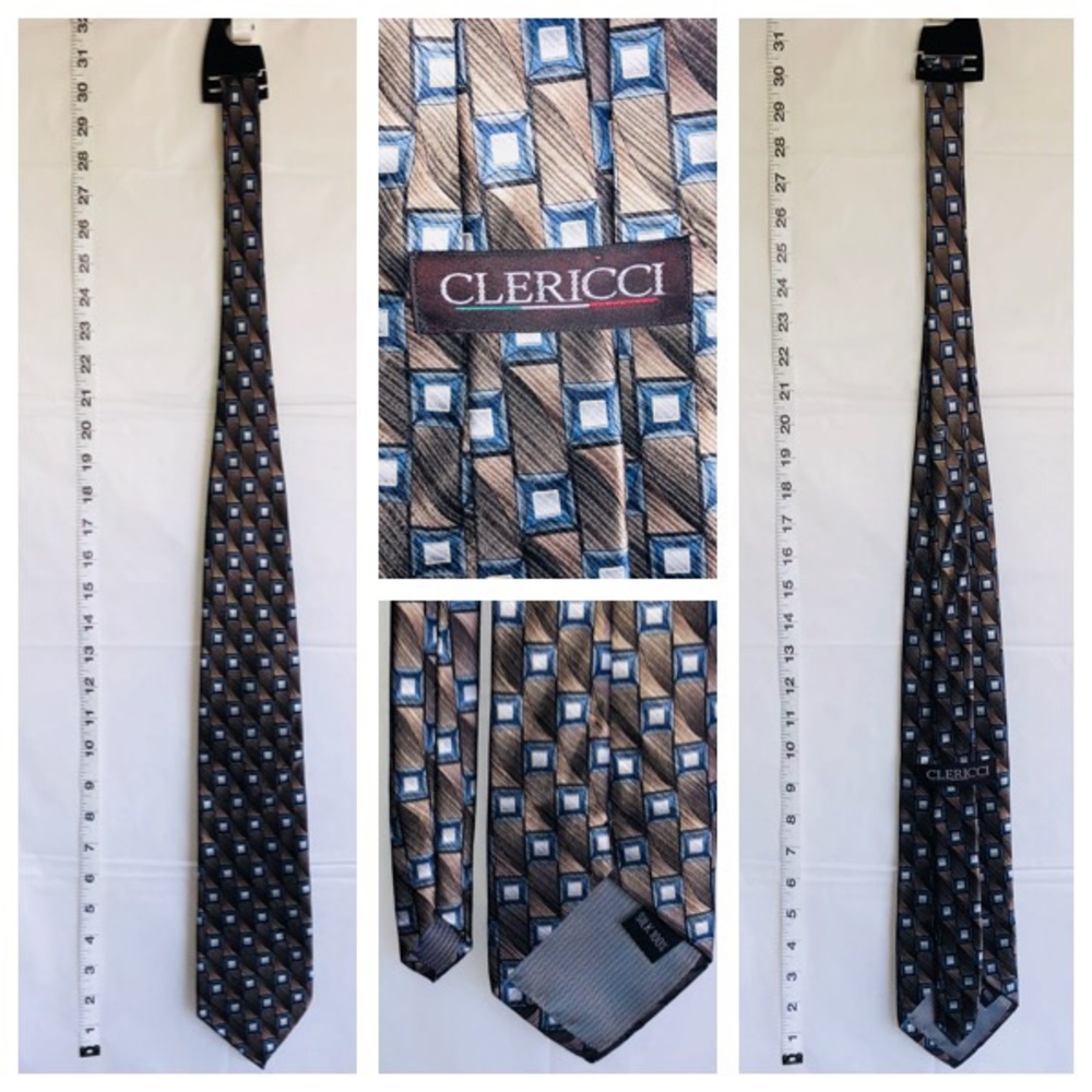 CLERICCI Mens Silk NECK TIE SQUARES %100 Authentic